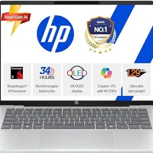 HP OmniBook 5 OLED (Previously Pavilion), Snapdragon X Processor 45 Tops (16GB LPDDR5x, 512GB SSD), 2K 14''/35.6cm, Win11, Office24, Silver, 1.29kg, he0014QU, Multi-Day Battery, AI Laptop